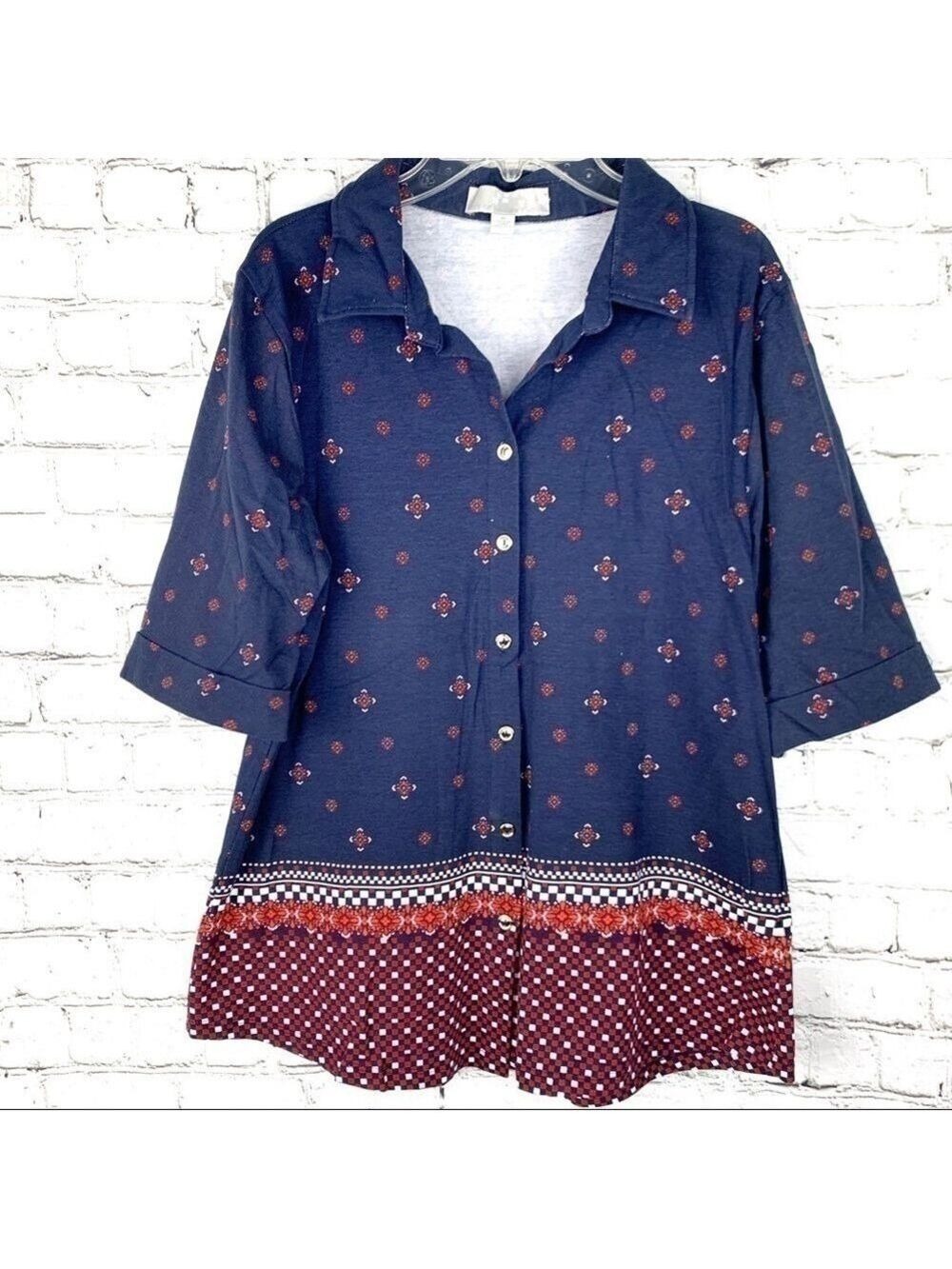 NWOT-Carolyn Taylor Blue/Red Print, Flaired Hem, Relaxed Fit, Button-Up Shirt MD
